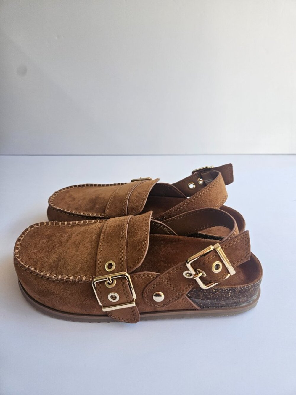 Brown Suede Buckle Clog Mule Slingback Cork Footbed Flat 7 NWT - Picture 2 of 11